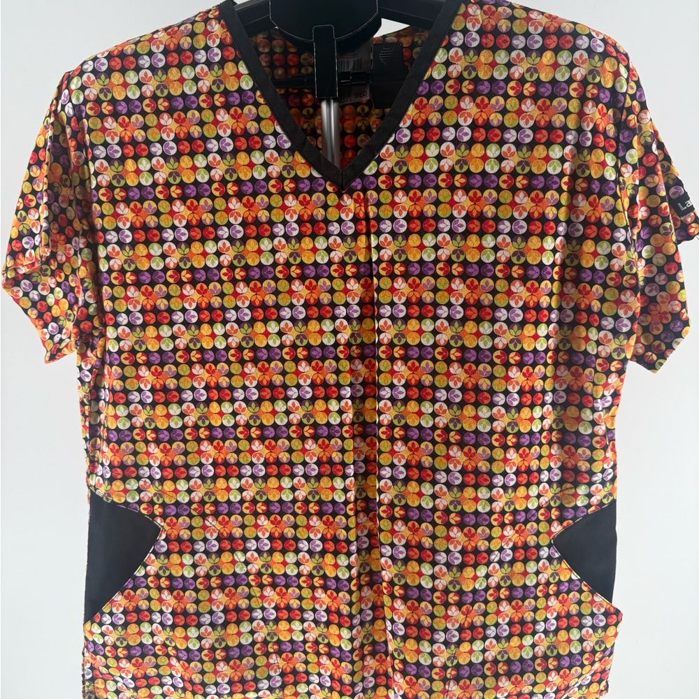 Vintage Landau Uniform Scrub Top Orange Black Purple Floral Size Medium